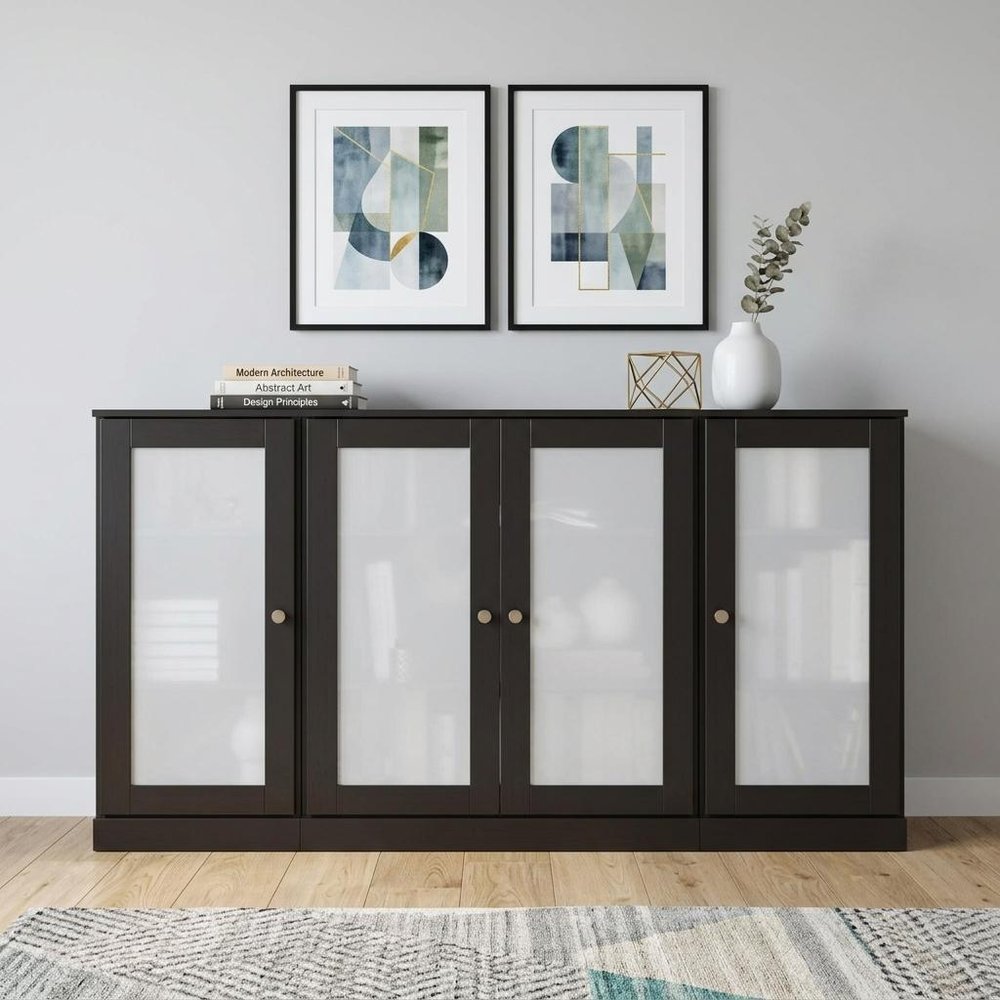65" Black Solid Wood Sideboard With Four Glass Doors