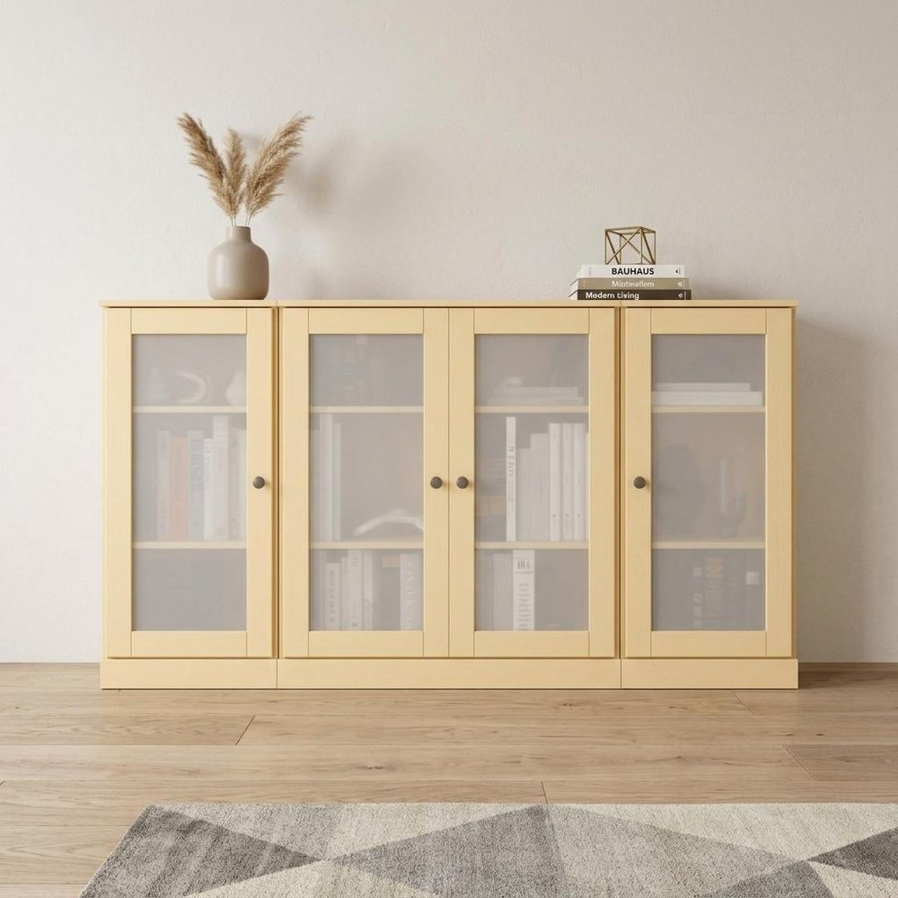 65" Yellow Solid Wood Sideboard With Four Glass Doors