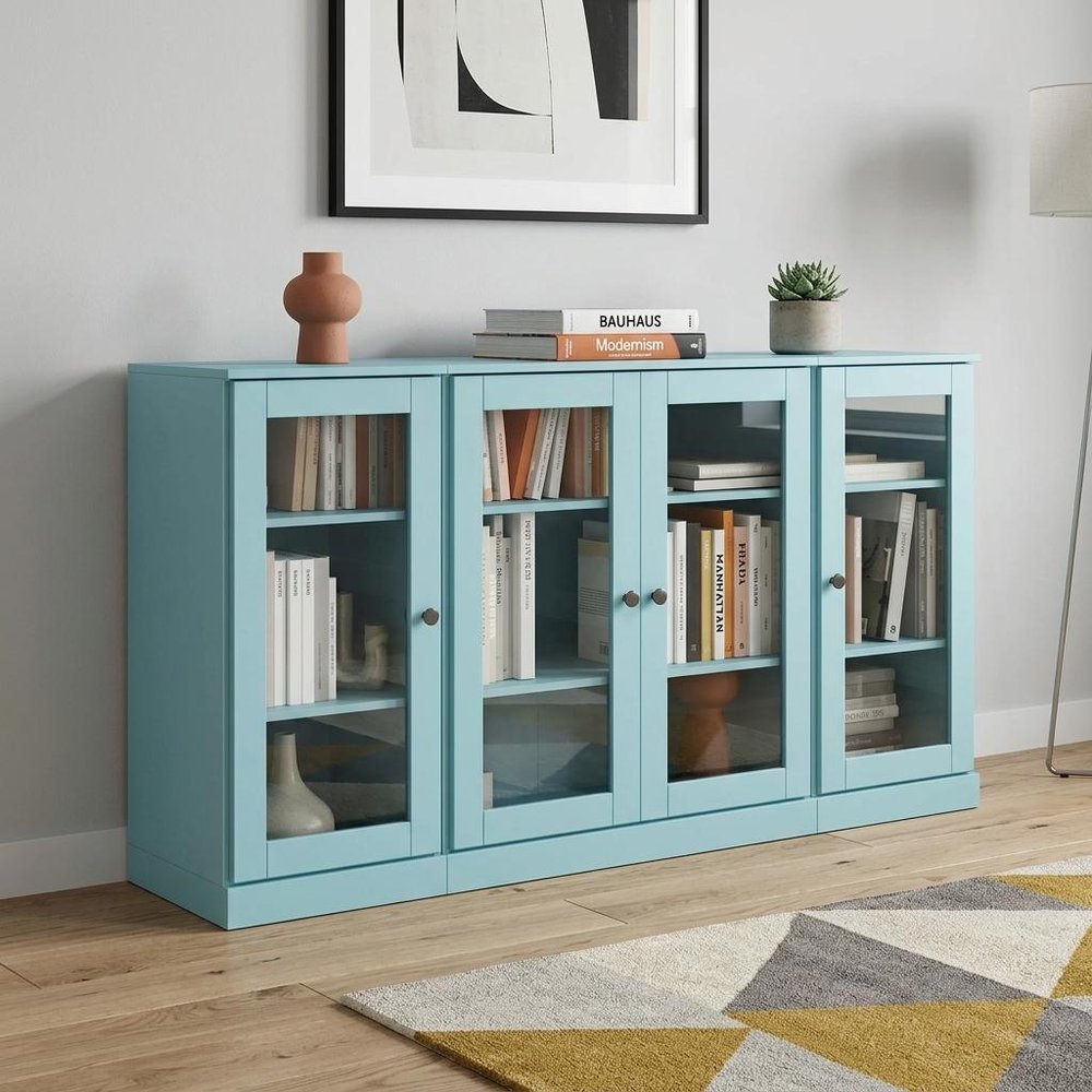 65" Aqua Solid Wood Sideboard With Four Glass Doors