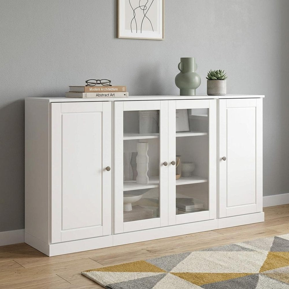 65" White Solid Wood Sideboard With Four Glass Doors