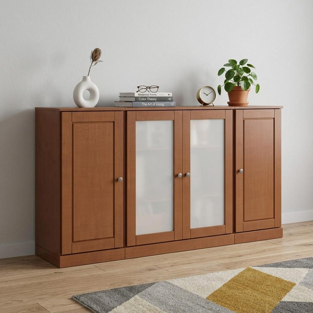 65" Coffee Solid Wood Sideboard With Four Glass Doors