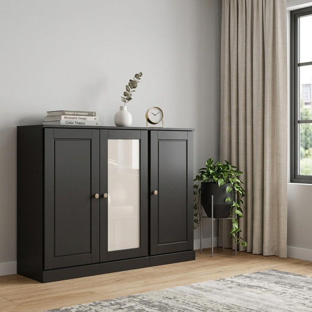 65" Black Solid Wood Sideboard With Four Glass Doors