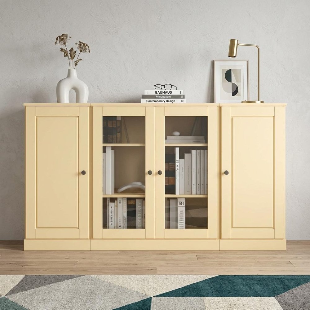 65" Yellow Solid Wood Sideboard With Four Glass Doors