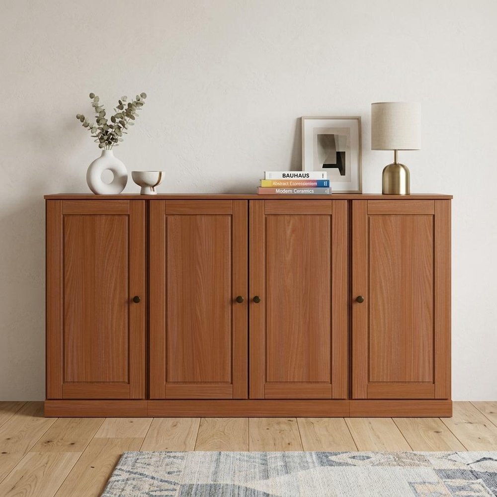 65" Coffee Solid Wood Sideboard With Four Glass Doors