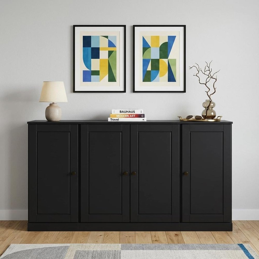 65" Black Solid Wood Sideboard With Four Glass Doors