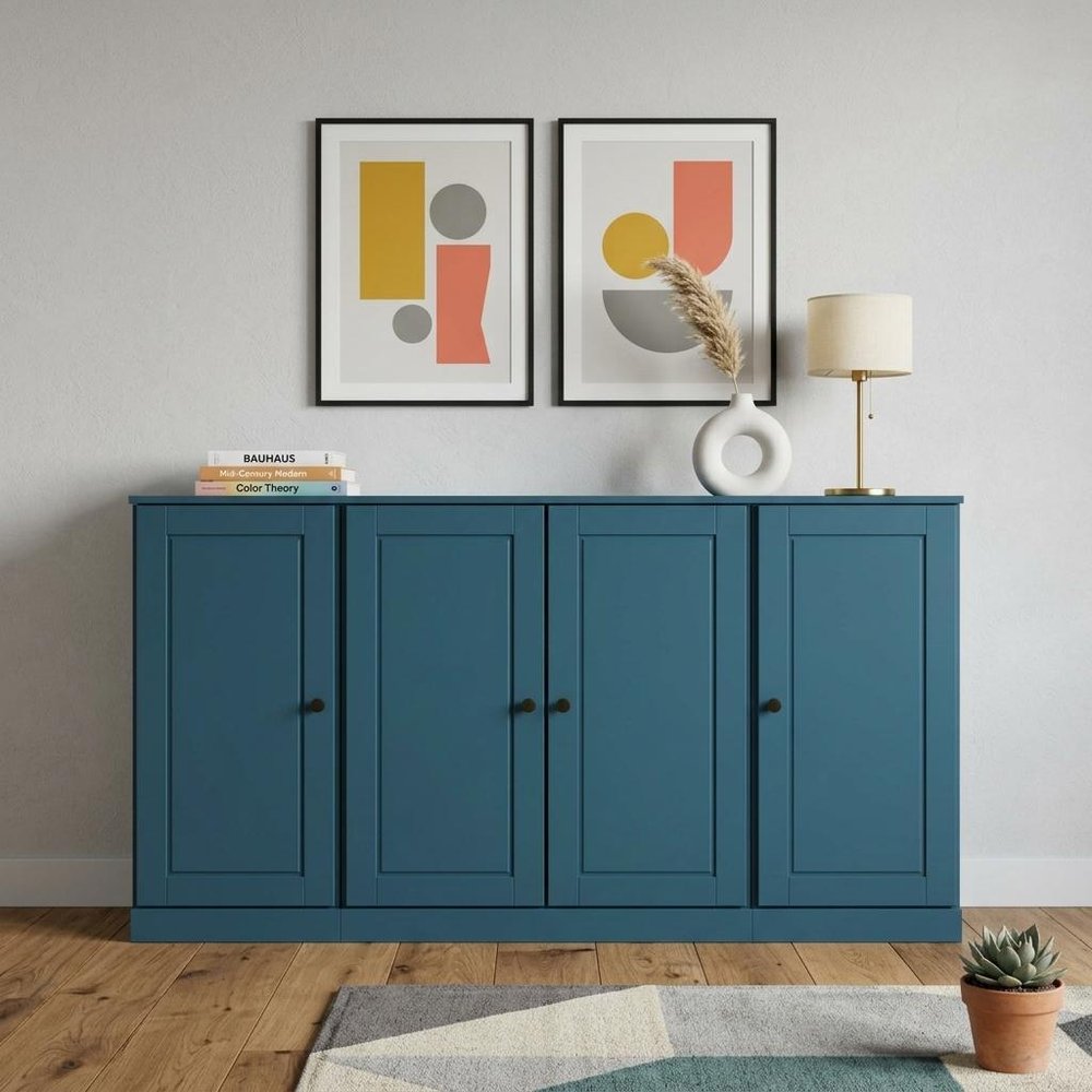 65" Teal Blue Solid Wood Sideboard With Four Glass Doors