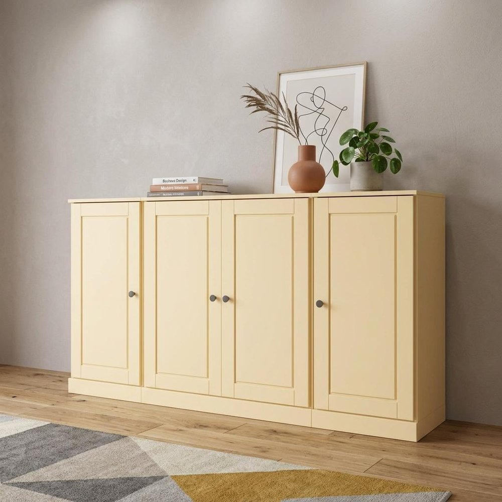 65" Yellow Solid Wood Sideboard With Four Glass Doors