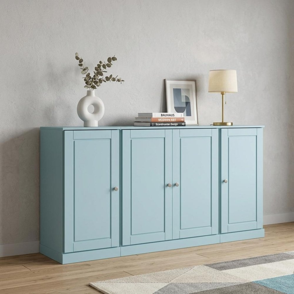 65" Aqua Solid Wood Sideboard With Four Glass Doors