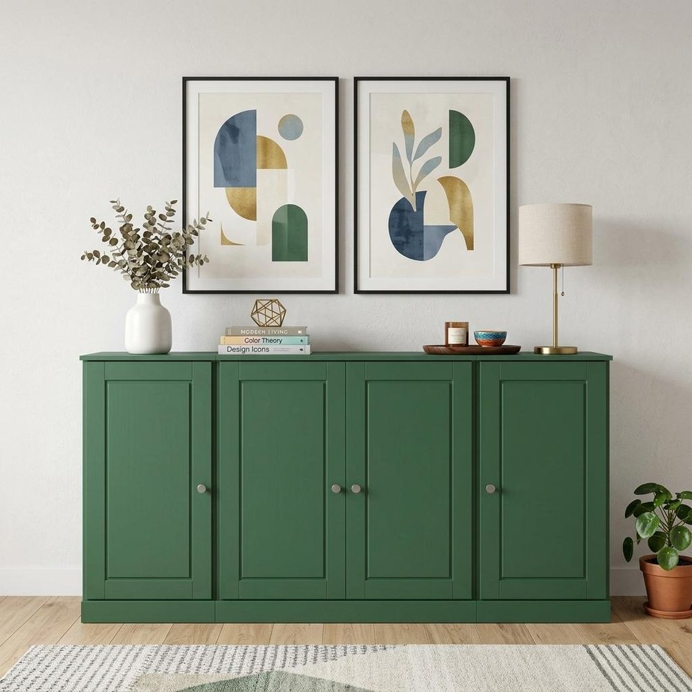 65" Green Solid Wood Sideboard With Four Glass Doors