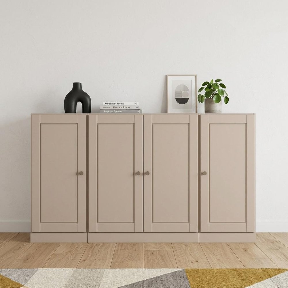 65" Beige Solid Wood Sideboard With Four Glass Doors
