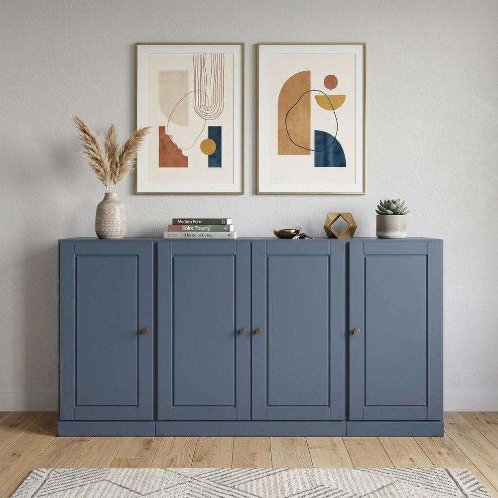 65" French Blue Solid Wood Sideboard With Four Glass Doors