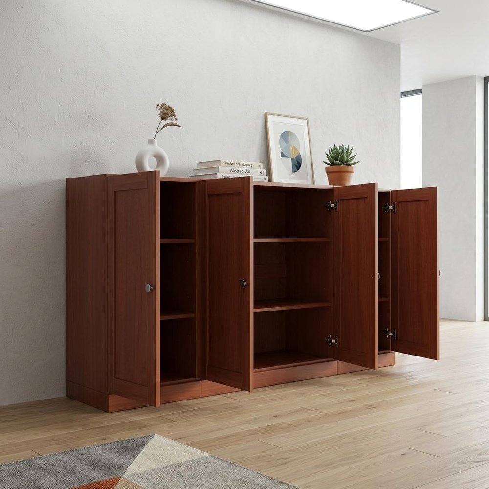 65" Coffee Solid Wood Sideboard With Four Glass Doors