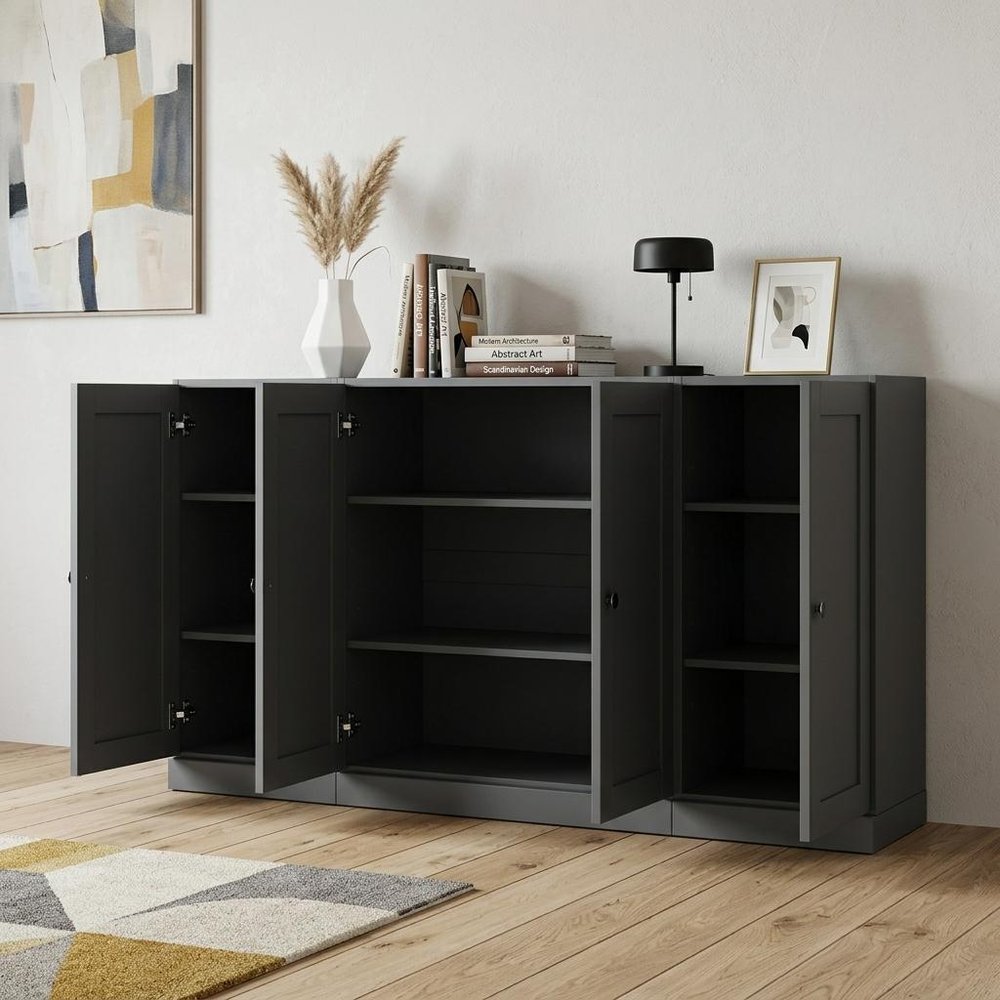 65" Gray Solid Wood Sideboard With Four Glass Doors