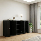 65" Black Solid Wood Sideboard With Four Glass Doors