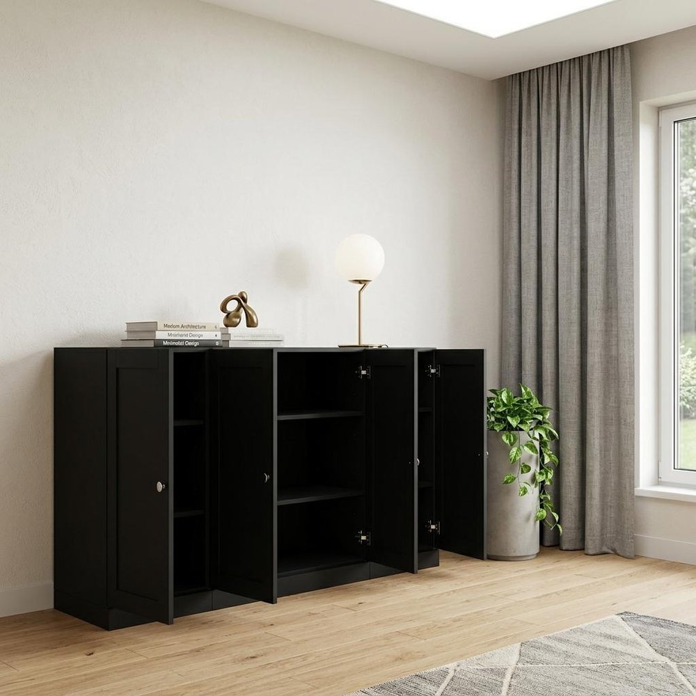65" Black Solid Wood Sideboard With Four Glass Doors