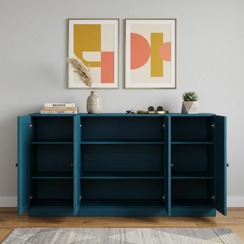 65" Teal Blue Solid Wood Sideboard With Four Glass Doors