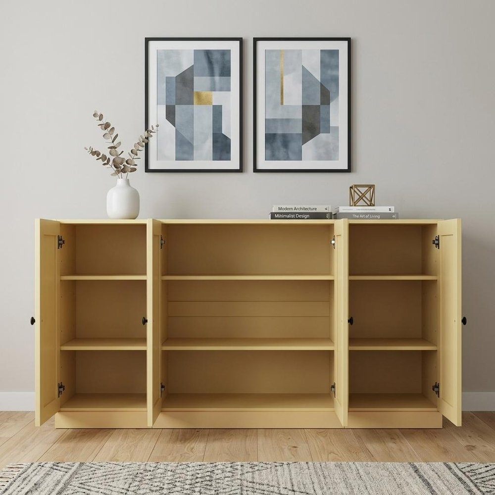65" Yellow Solid Wood Sideboard With Four Glass Doors