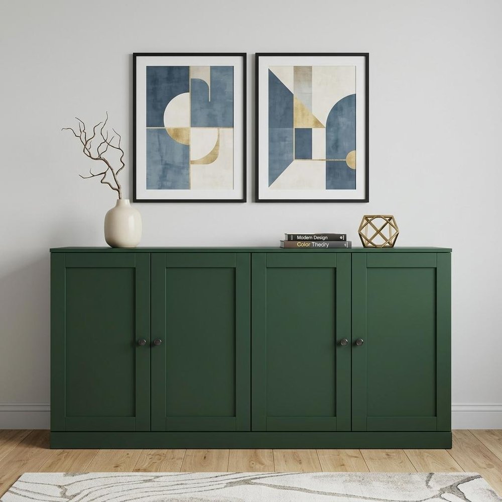 65" Green Solid Wood Sideboard With Four Glass Doors