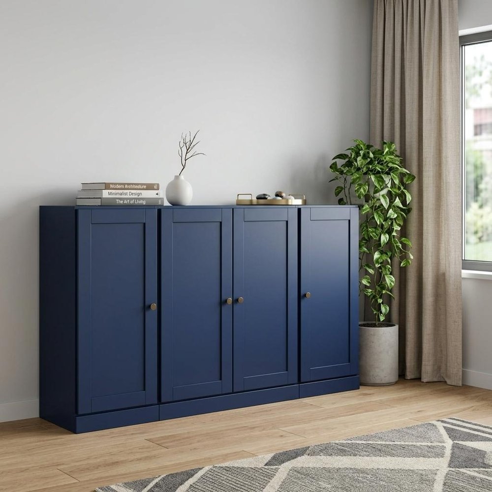 65" Navy Blue Solid Wood Sideboard With Four Glass Doors