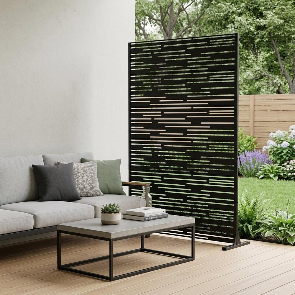 72" Black Steel Six Panel Outdoor Privacy Screen