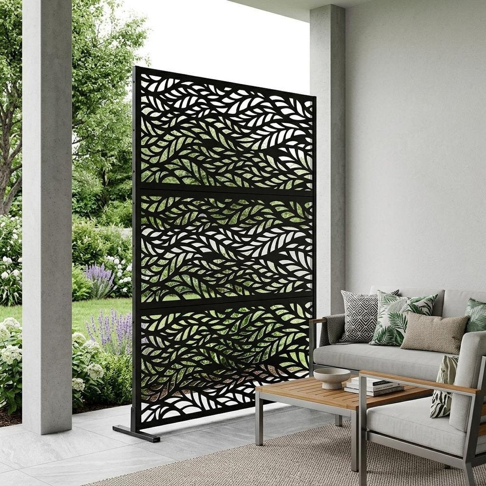 Set Of Two Black Abstract Steel Six Panel Outdoor Privacy Screen