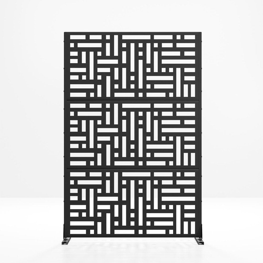Set Of Two Black Abstract Steel Six Panel Outdoor Privacy Screen