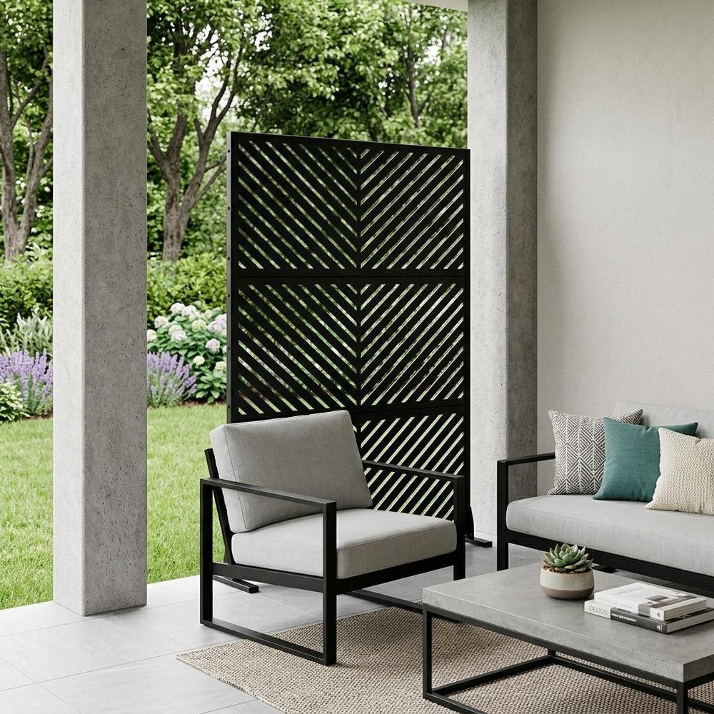Set Of Two Black Abstract Steel Six Panel Outdoor Privacy Screen