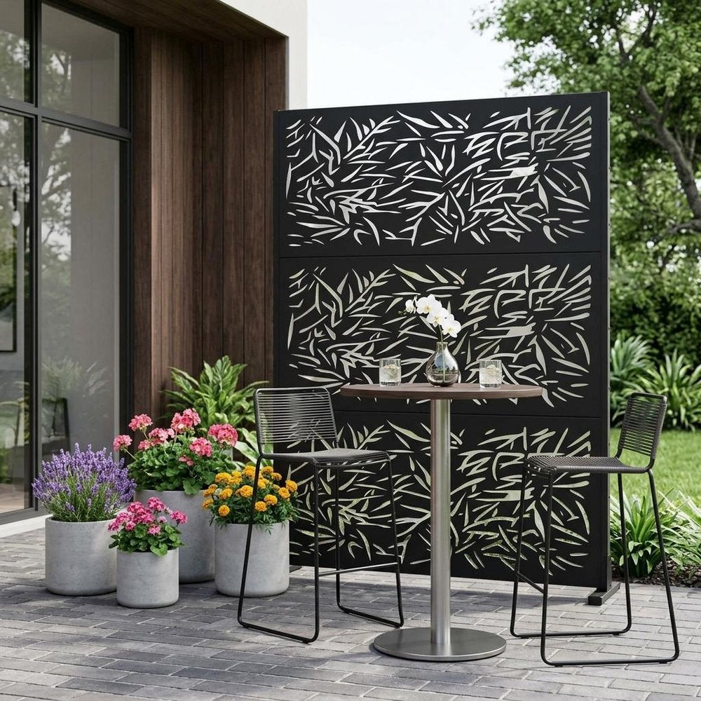Set Of Two Black Abstract Steel Six Panel Outdoor Privacy Screen