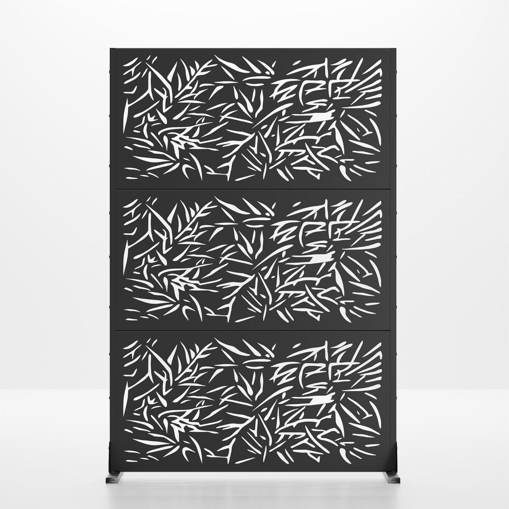 Set Of Two Black Abstract Steel Six Panel Outdoor Privacy Screen
