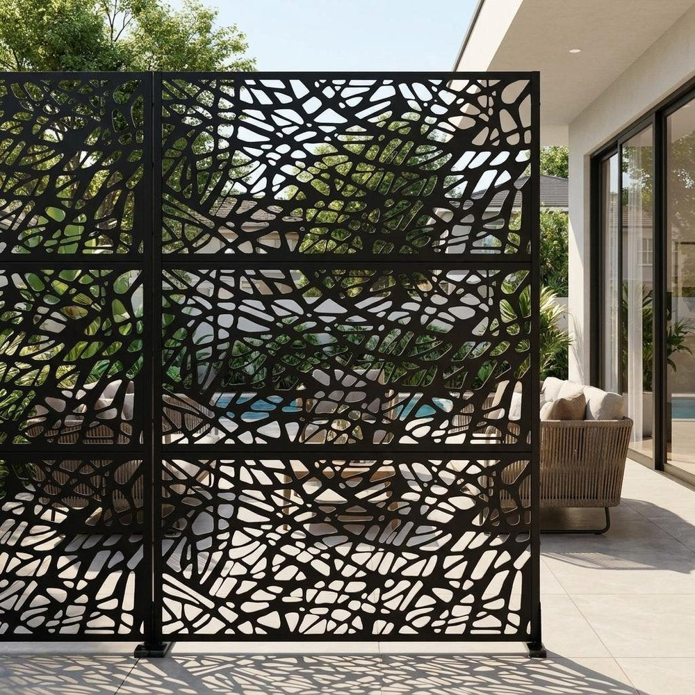 Set Of Two Black Abstract Geometric Steel Six Panel Outdoor Privacy Screen