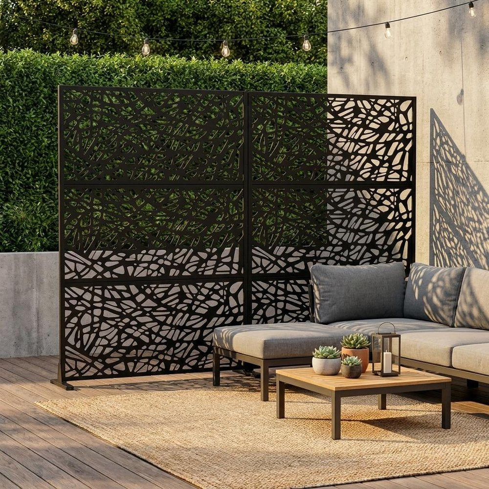 Set Of Two Black Abstract Geometric Steel Six Panel Outdoor Privacy Screen