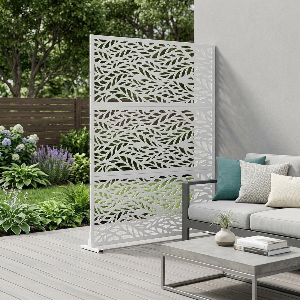 Set Of Two White Botanical Leaves Steel Six Panel Outdoor Privacy Screen