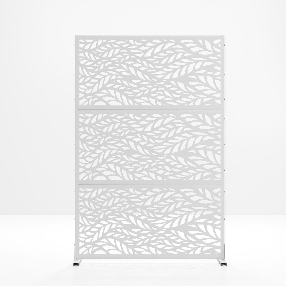 Set Of Two White Botanical Leaves Steel Six Panel Outdoor Privacy Screen