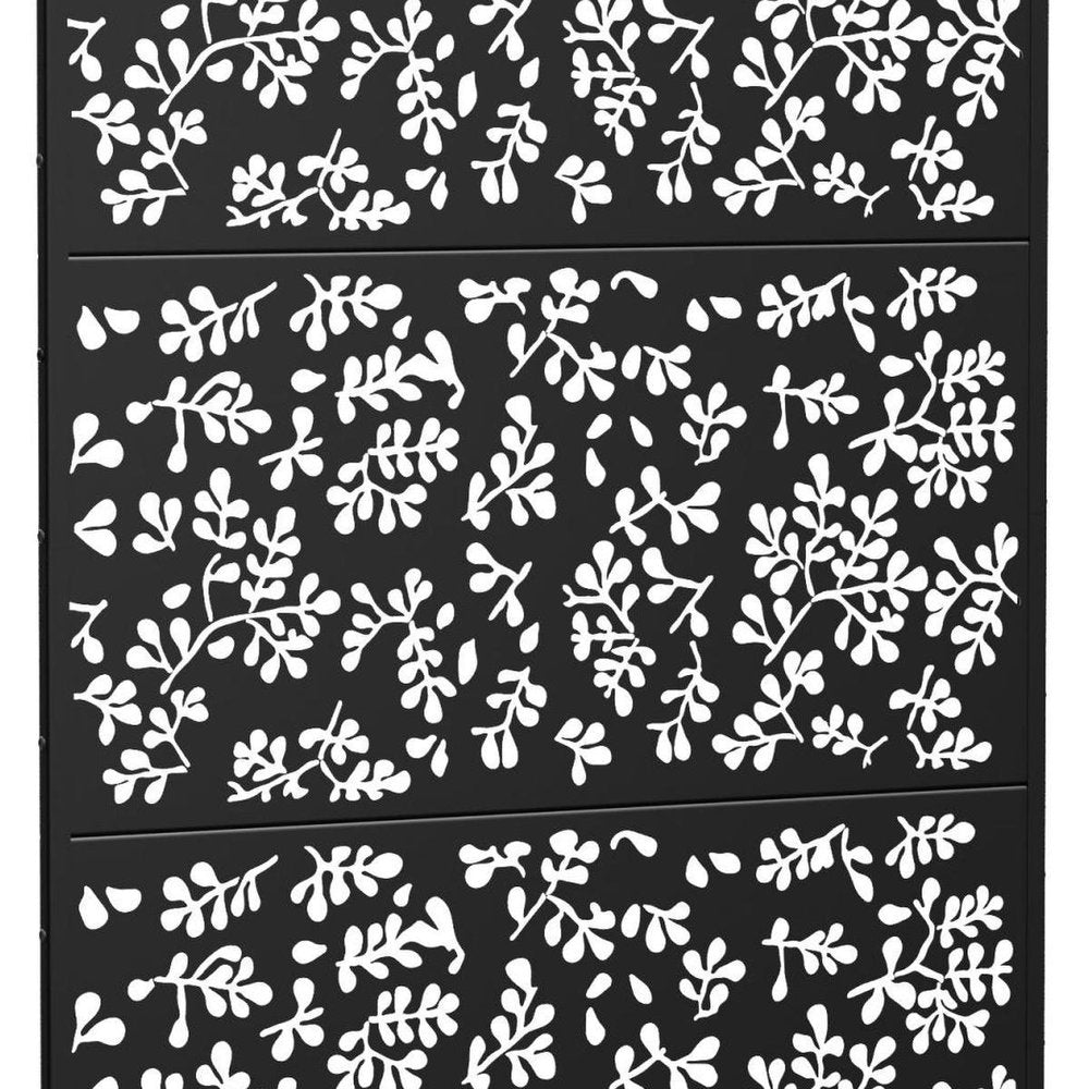 Set Of Two Black Floral Steel Six Panel Outdoor Privacy Screen