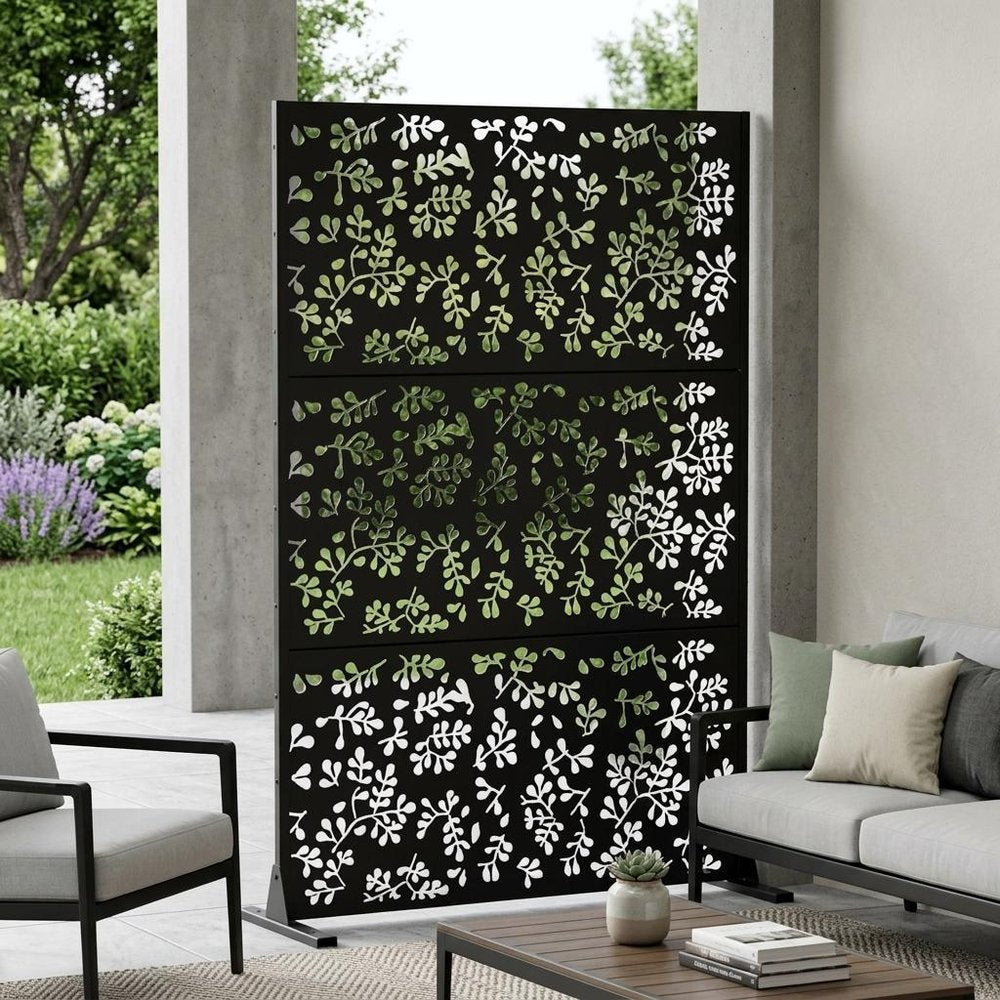Set Of Two Black Floral Steel Six Panel Outdoor Privacy Screen