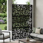 Set Of Two Black Floral Steel Six Panel Outdoor Privacy Screen