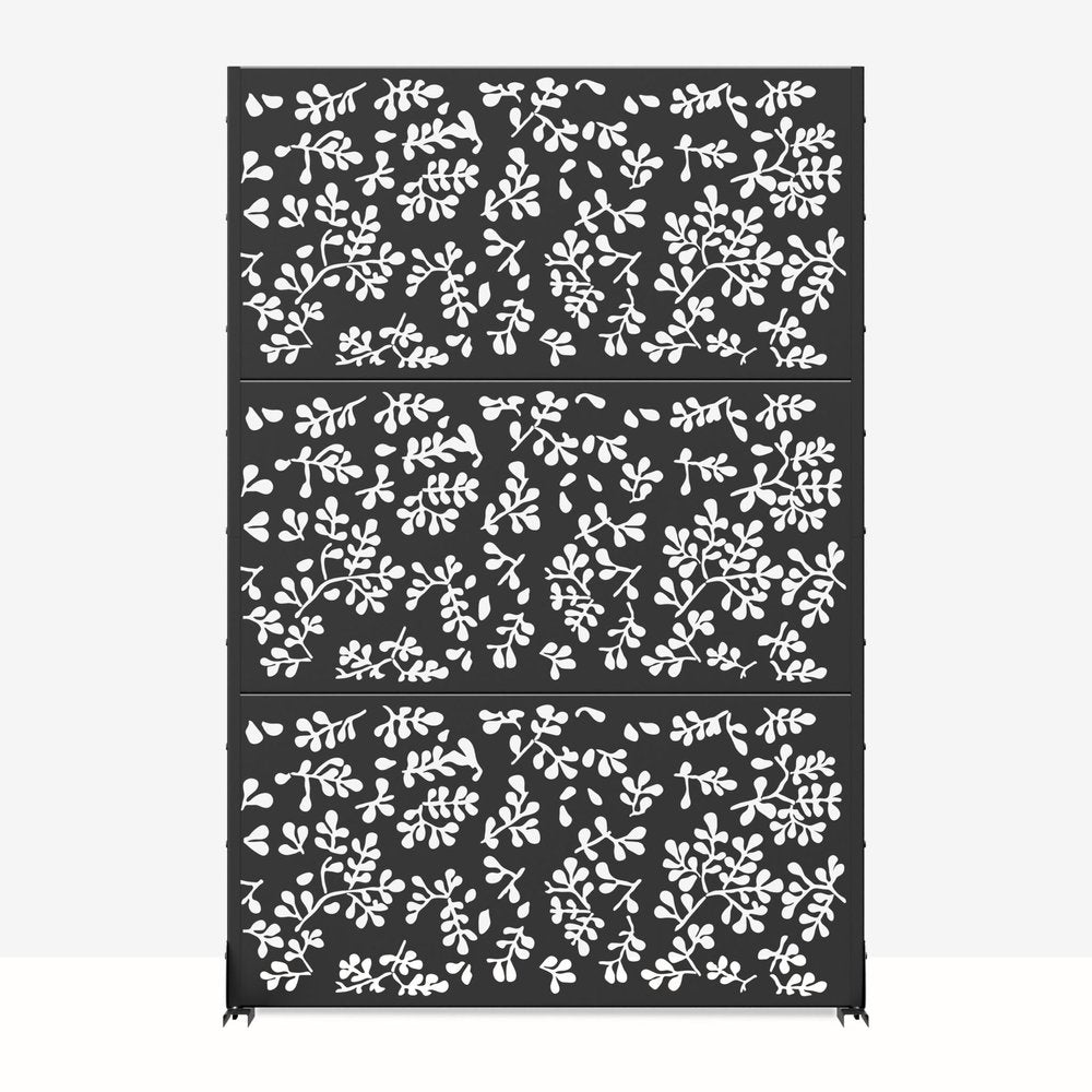 Set Of Two Black Floral Steel Six Panel Outdoor Privacy Screen