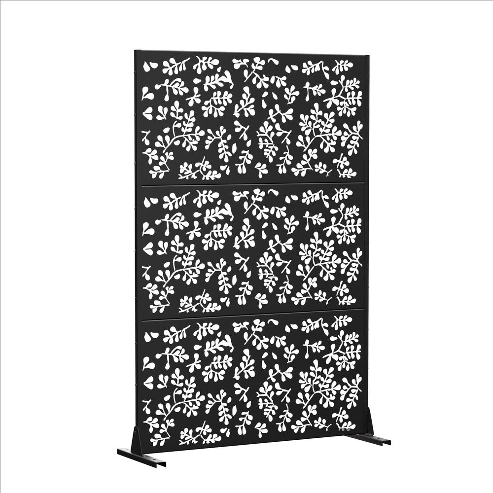 Set Of Two Black Floral Steel Six Panel Outdoor Privacy Screen