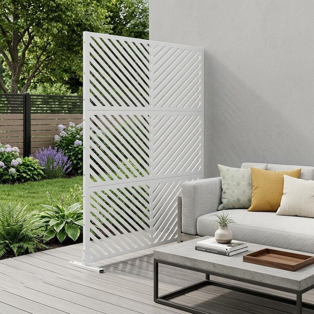 Set Of Two White Geometric Steel Six Panel Outdoor Privacy Screen