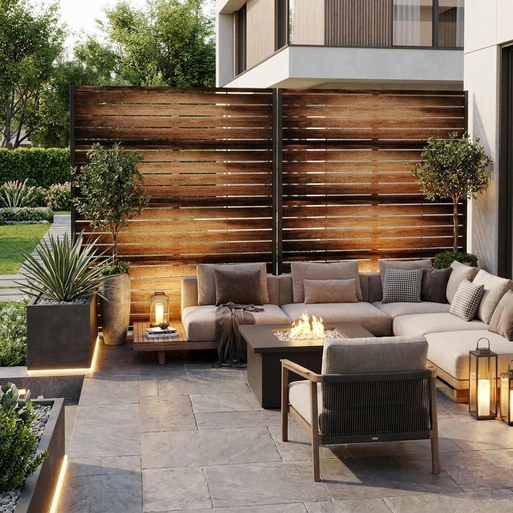 Set Of Two Brown Striped Steel 12 Outdoor Privacy Screen