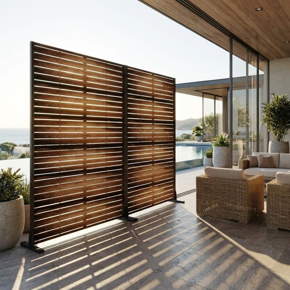 Set Of Two Brown Striped Steel 12 Outdoor Privacy Screen