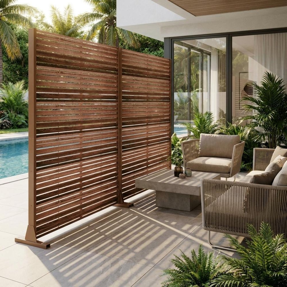 Set Of Two Brown Striped Steel 12 Outdoor Privacy Screen