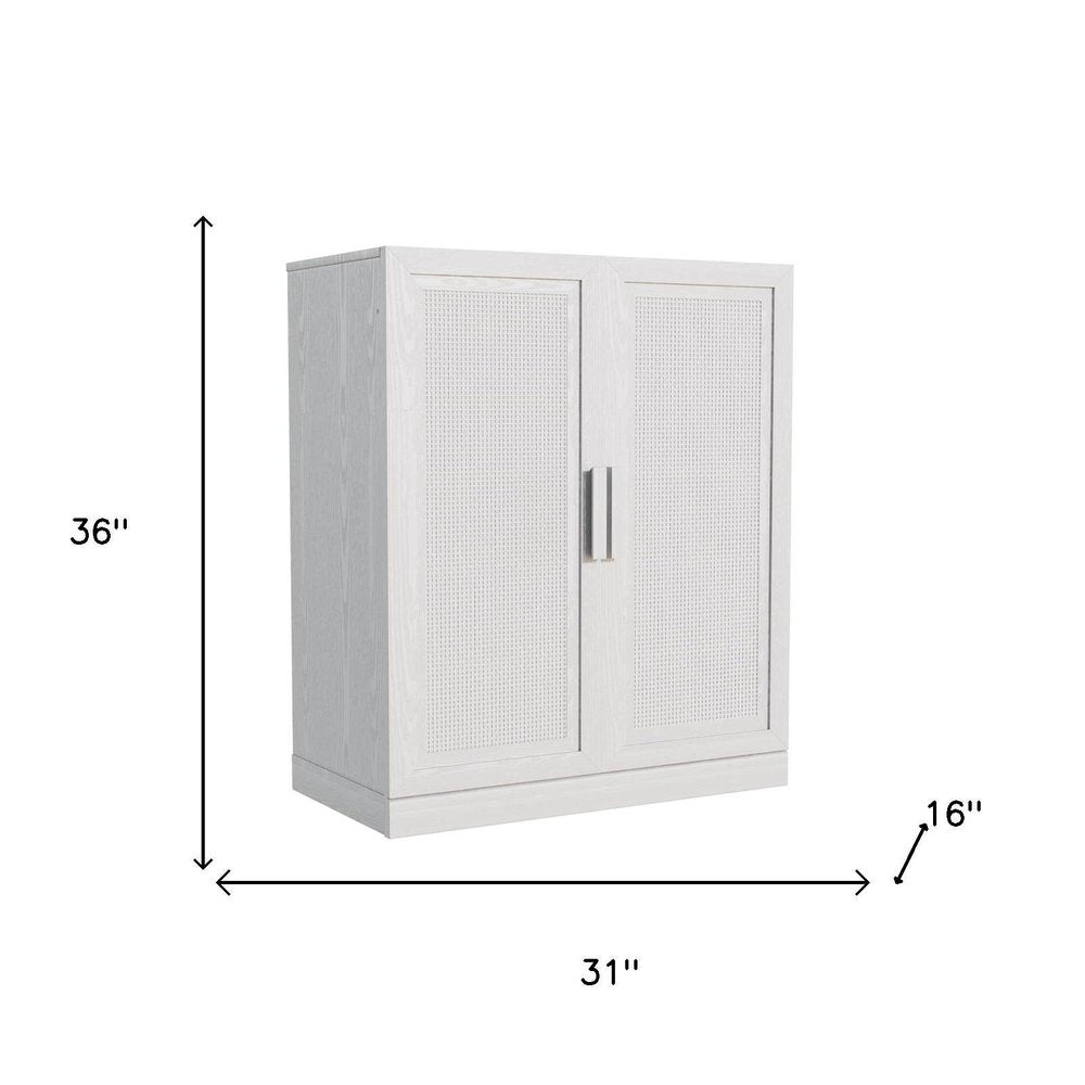 31" White Wood Inlaid Rattan Accent Cabinet With Two Doors