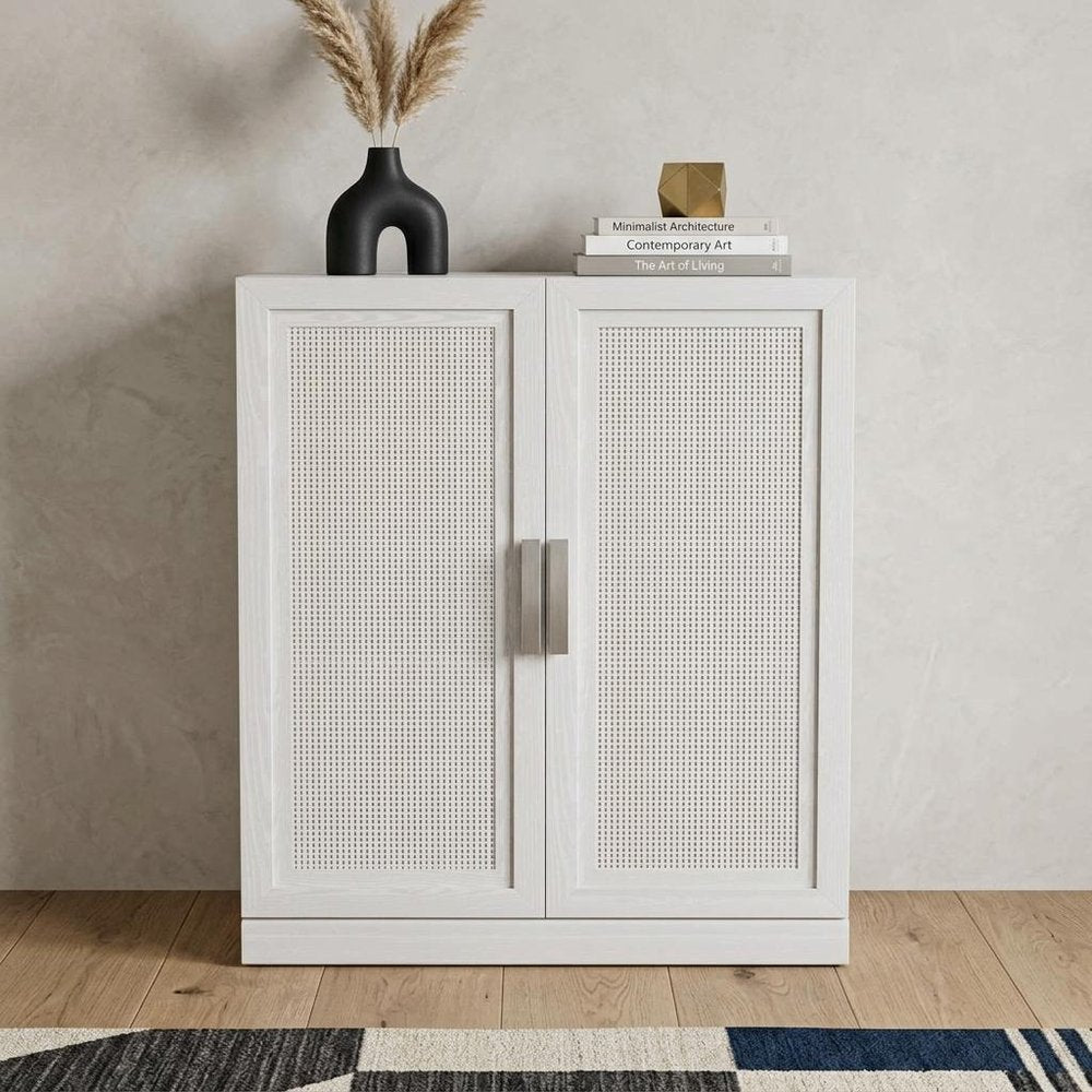 31" White Wood Inlaid Rattan Accent Cabinet With Two Doors