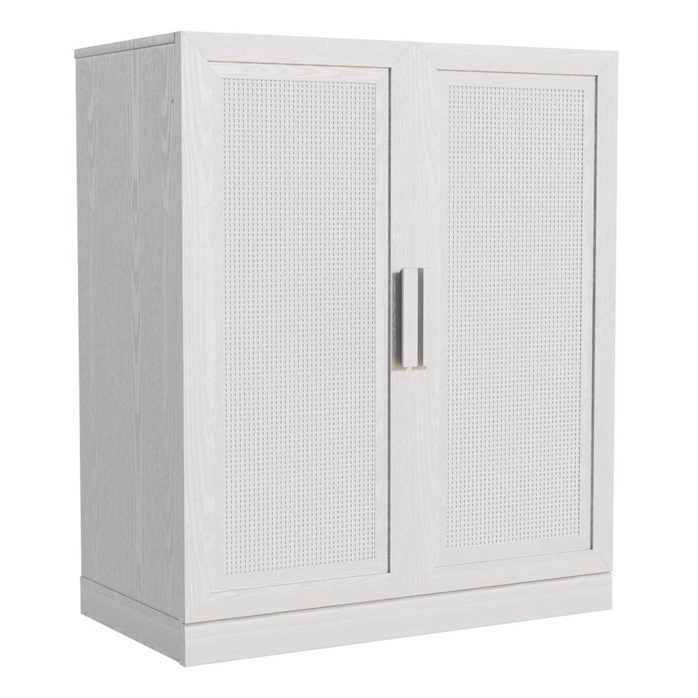 31" White Wood Inlaid Rattan Accent Cabinet With Two Doors