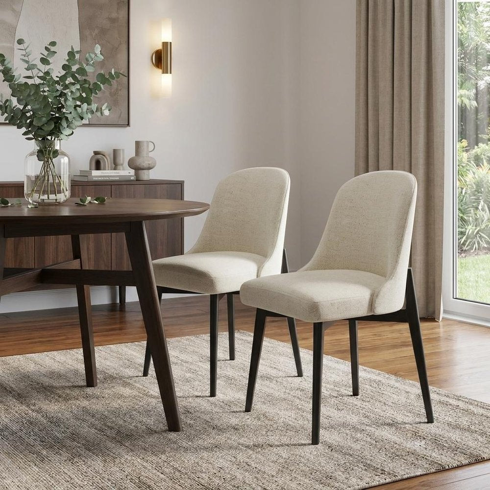 Set of Two White And Black Chenille And Wood Dining Side Chairs