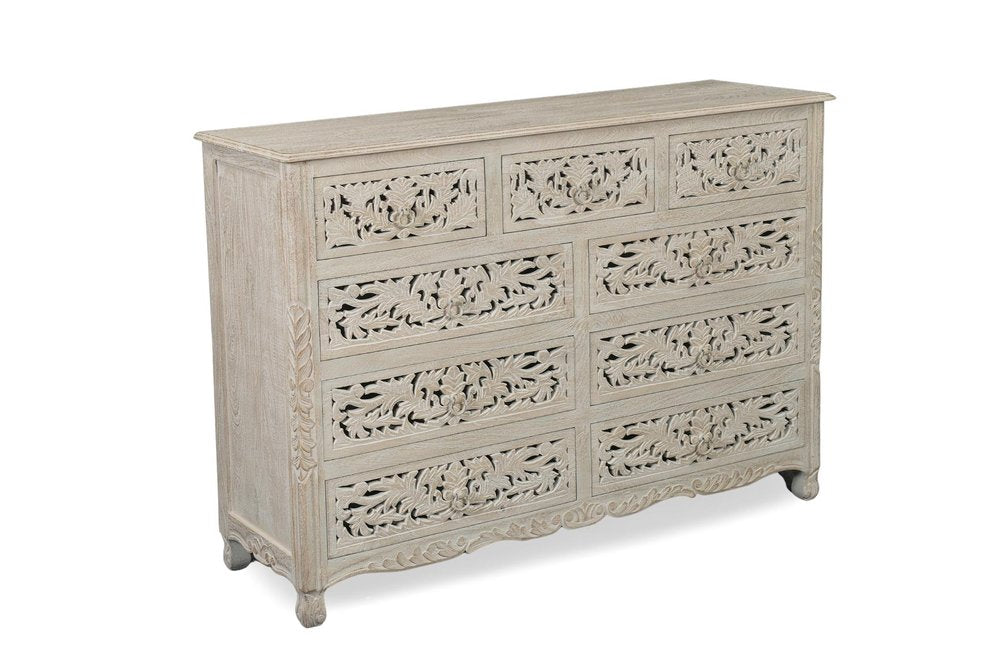 57" White Carved Floral Solid Wood Nine Drawer Dresser