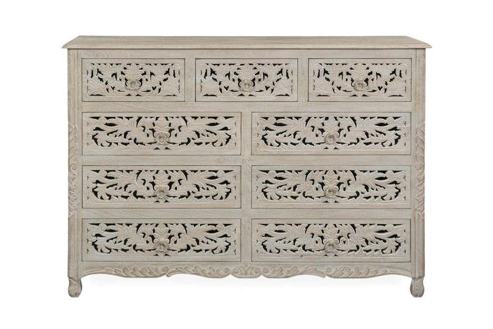 57" White Carved Floral Solid Wood Nine Drawer Dresser
