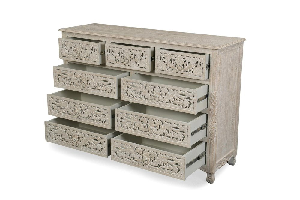 57" White Carved Floral Solid Wood Nine Drawer Dresser