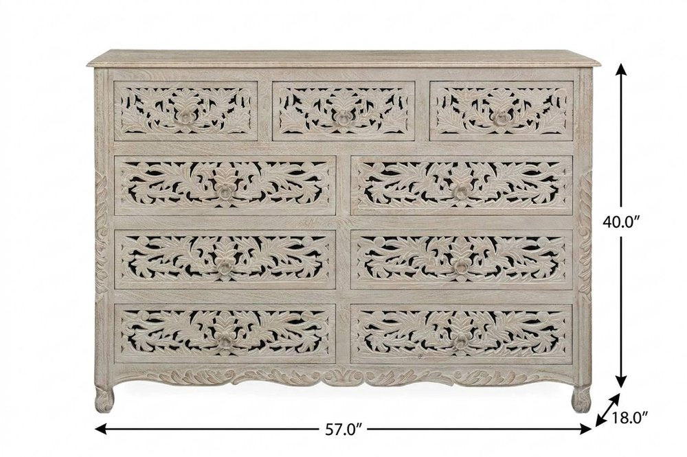 57" White Carved Floral Solid Wood Nine Drawer Dresser
